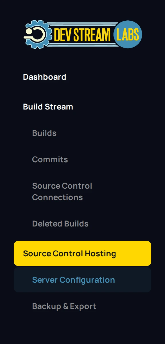 The project sidebar with the Source Control Hosting section expanded, showing Server Configuration and Backup & Export.