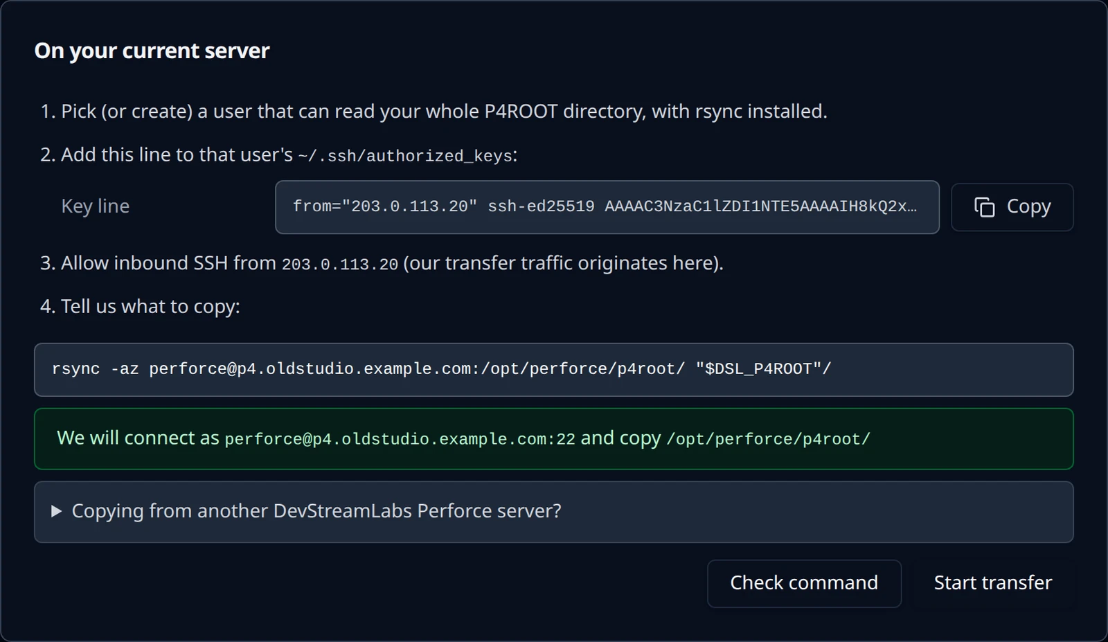 The rsync command field with an accepted command, the confirmation of user, host and path, and the Start transfer button.