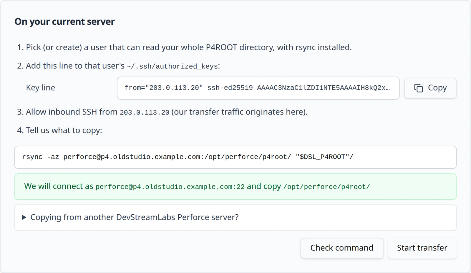 The rsync command field with an accepted command, the confirmation of user, host and path, and the Start transfer button.