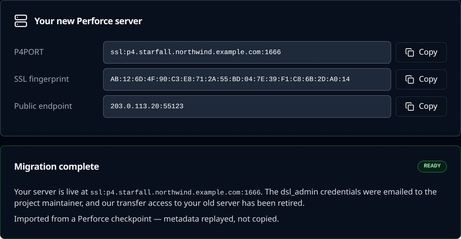 The Migration complete card with the Ready pill and the new server's address.