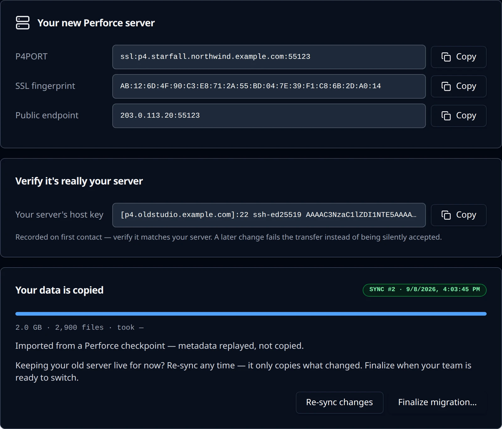 The Your data is copied card with the sync number, the import mode line, and the Re-sync changes and Finalize migration buttons.