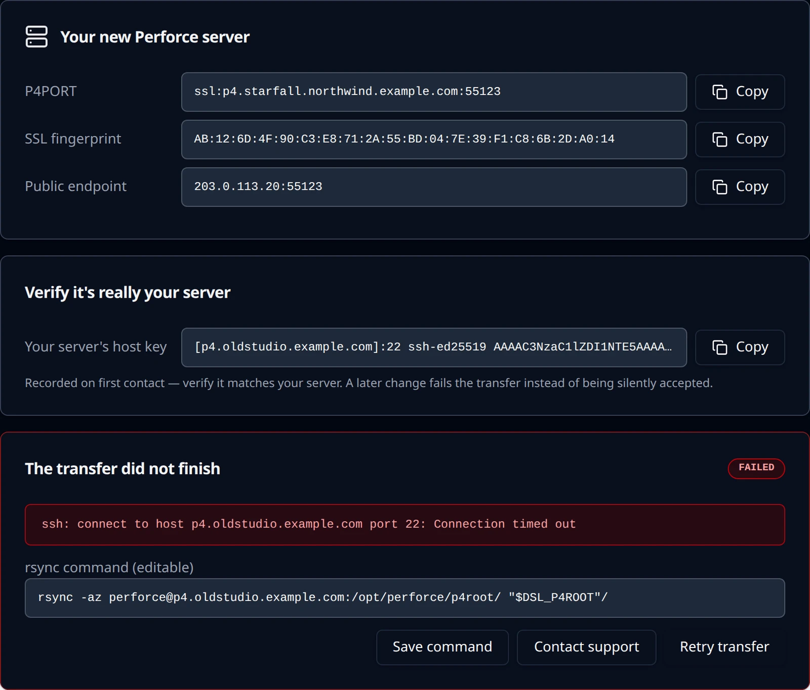 The transfer did not finish card showing an SSH connection timeout, the editable command, and Save command, Retry transfer and Contact support buttons.