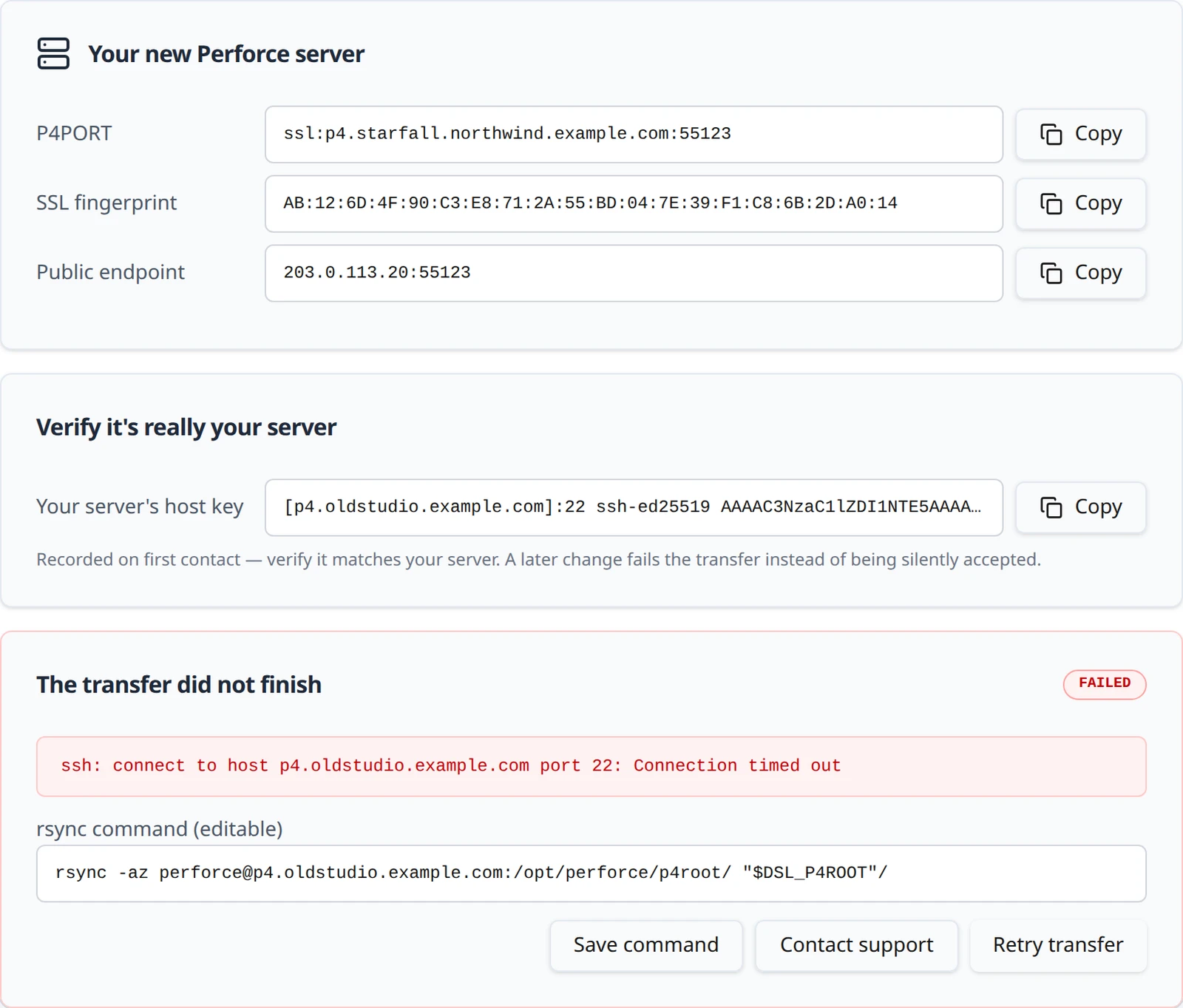 The transfer did not finish card showing an SSH connection timeout, the editable command, and Save command, Retry transfer and Contact support buttons.