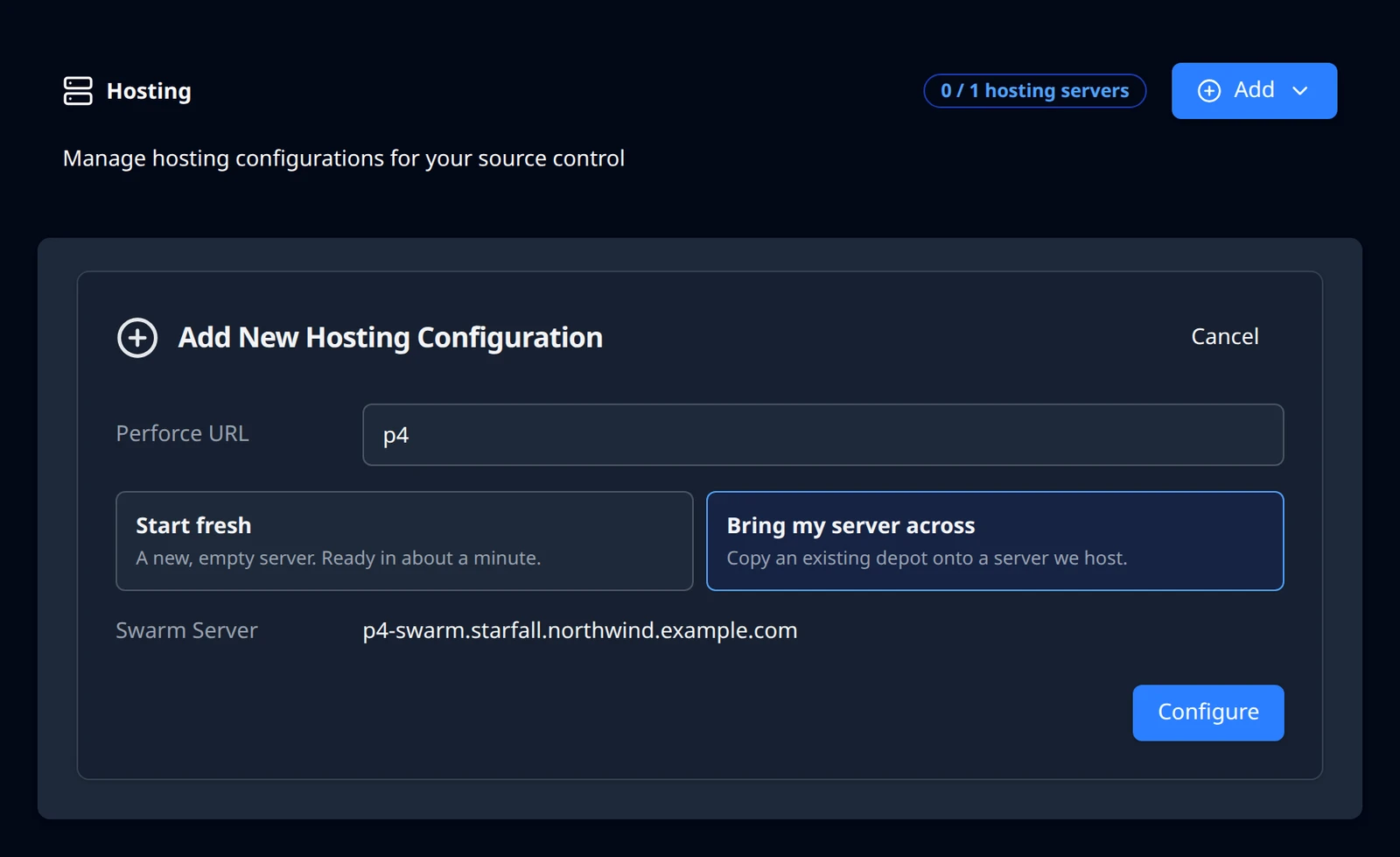 The Add New Hosting Configuration form with Bring my server across selected.