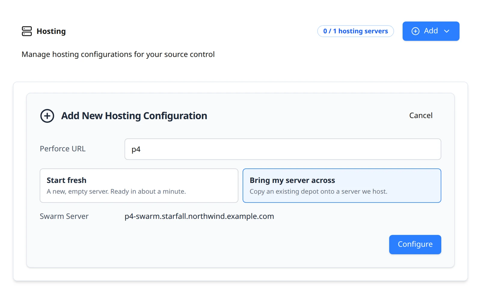 The Add New Hosting Configuration form with Bring my server across selected.