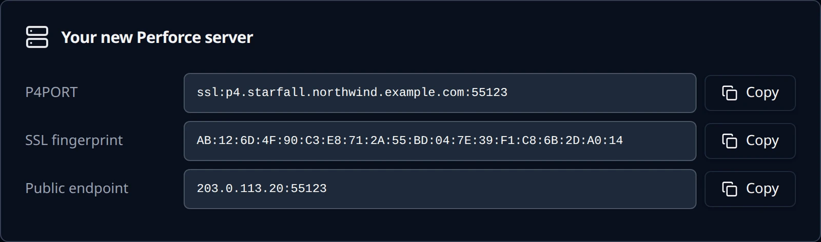 The Your new Perforce server card with P4PORT, SSL fingerprint and Public endpoint rows.