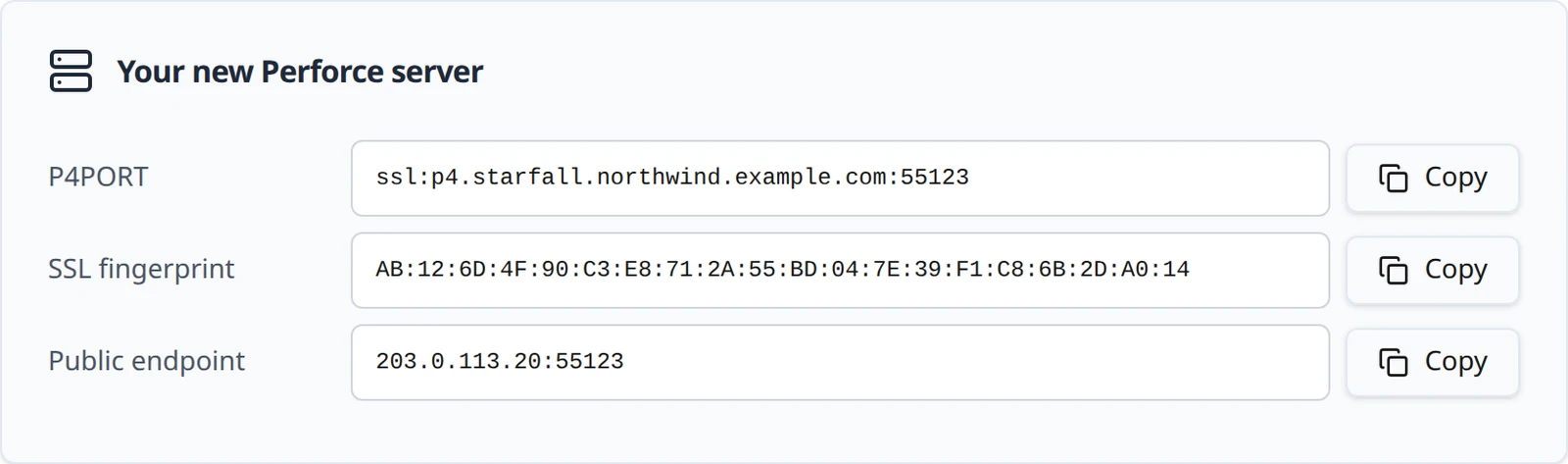 The Your new Perforce server card with P4PORT, SSL fingerprint and Public endpoint rows.