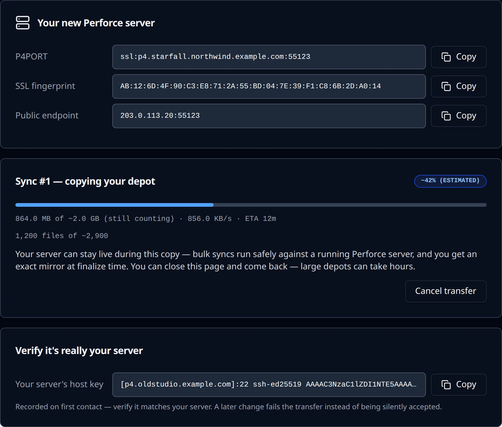 The transfer monitor: Sync #1 — copying your depot, In progress, an estimated progress bar with bytes, rate, ETA and file count, and the Cancel transfer button.