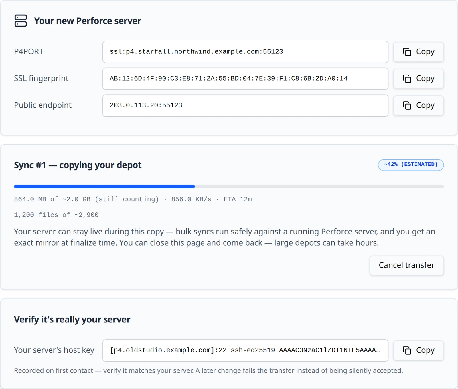 The transfer monitor: Sync #1 — copying your depot, In progress, an estimated progress bar with bytes, rate, ETA and file count, and the Cancel transfer button.
