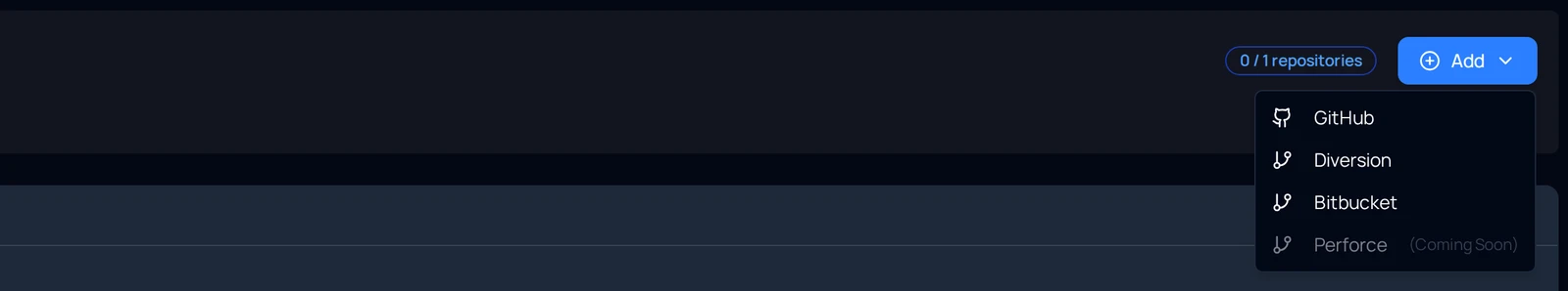Build Stream's Add menu on the connections page, listing GitHub, Diversion, Bitbucket and a disabled Perforce (Coming Soon) item.
