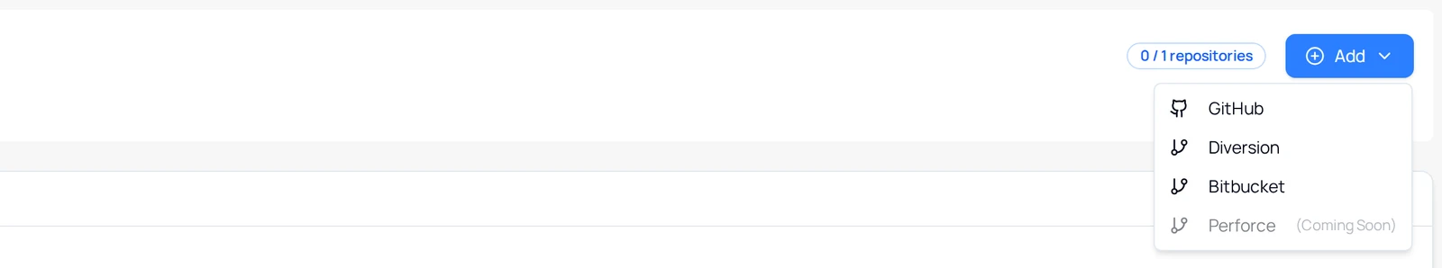Build Stream's Add menu on the connections page, listing GitHub, Diversion, Bitbucket and a disabled Perforce (Coming Soon) item.