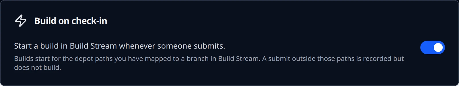 The Build on check-in card with the switch on and the note about mapped depot paths.