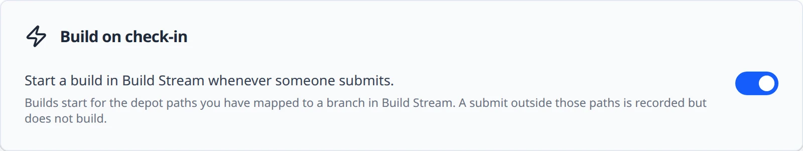 The Build on check-in card with the switch on and the note about mapped depot paths.